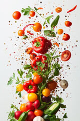 Many different fresh vegetables falling on a white background