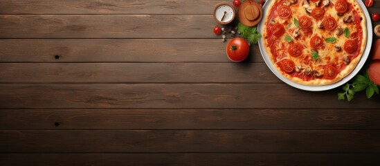 top view pizza pasta with tomato sauce and salad bowl on rustic table. Creative Banner. Copyspace image