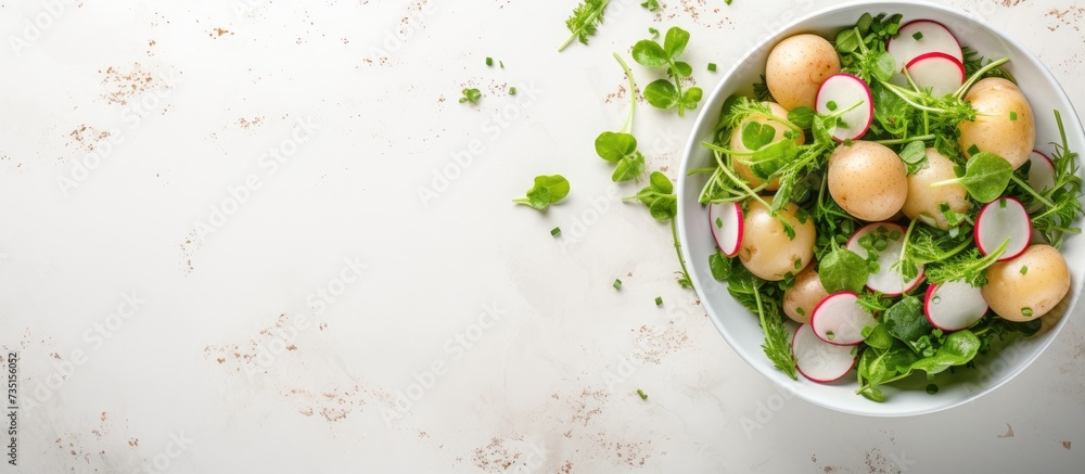 Poster summer potato and pea salad with arugula and radish in a white bowl top view vegan recipe. creative 
