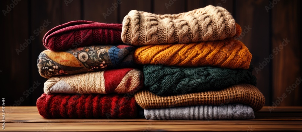 Poster pile of knitted woolen sweaters autumn colors on wooden table clothes with different knitting patter