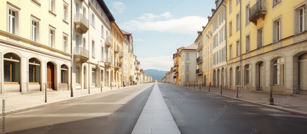 Aufkleber Perfectly symmetrical view of empty street in Grenoble Tramlines between two buildings with a beige house on the backdrop Grey sky and minimum details create an urban atmosphere. Creative Banner