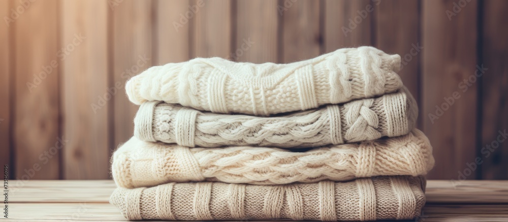Poster stack of white cozy knitted sweaters on a wooden table faded retro style image. creative banner. cop