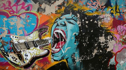 Guitar and electric guitar on graffiti wall, street art concept