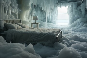 An icy bedroom devoid of any presence. Generative AI