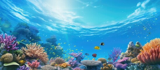 Fototapeta na wymiar Underwater scene Coral reef colorful fish groups and sunny sky shining through clean ocean water Space underwater for you to fill or just use standalone High res. Creative Banner. Copyspace image