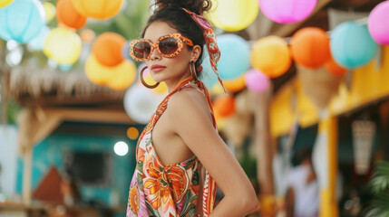 A retro glam look with a halter neck a flowy sarong and oversized sungles. This outfit is perfect for a beach party with a retro Hollywood theme featuring a dance floor and - obrazy, fototapety, plakaty