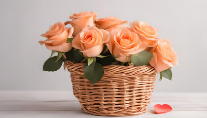 Fototapeta na wymiar Beautiful peach roses in a wicker basket on a white background.