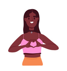 Nice adorable girl concept. Cute woman showing heart from fingers. Positivity and optimism. Graphic element for website. Cartoon flat vector illustration isolated on white background
