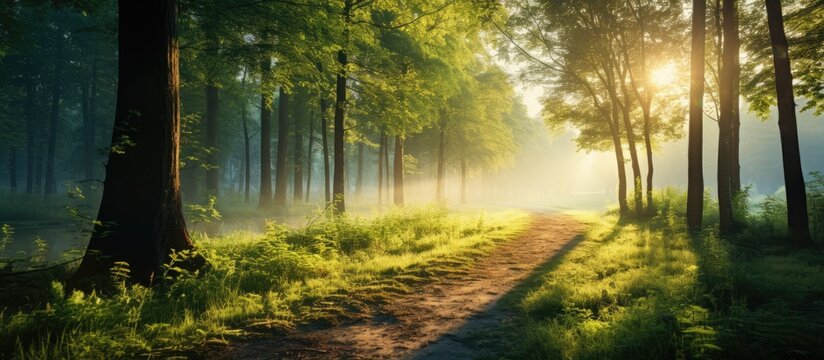 Morning light of the sun makes its way through the forest. Creative Banner. Copyspace image