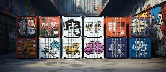 Stacked white plastic seafood or produce shipping crates with red frown face graffiti in industrial...