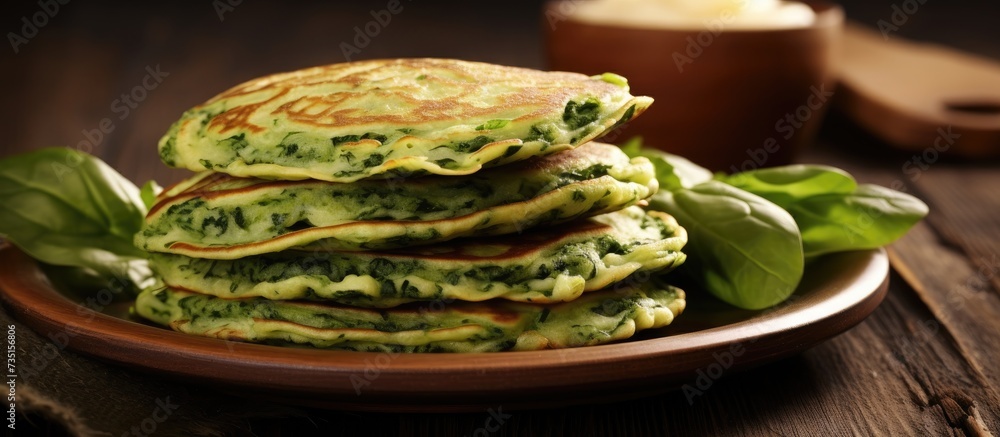 Poster pancakes filled with spinach and cheese on the wooden surface. creative banner. copyspace image