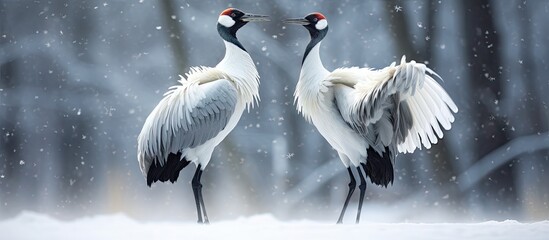 Naklejka premium Snow crane dance in nature Wildlife scene from snowy nature Cold winter Snowfall two Red crowned crane in snow meadow with snow storm Hokkaido Japan Crane pair winter scene with snowflakes