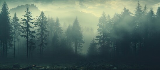 Misty landscape with fir forest in hipster vintage retro style. Creative Banner. Copyspace image