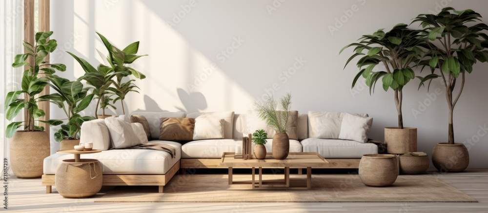 Wall mural Modern interior of open space with design modular sofa furniture wooden coffee tables plaid pillows tropical plants and elegant personal accessories in stylish home decor Neutral living room