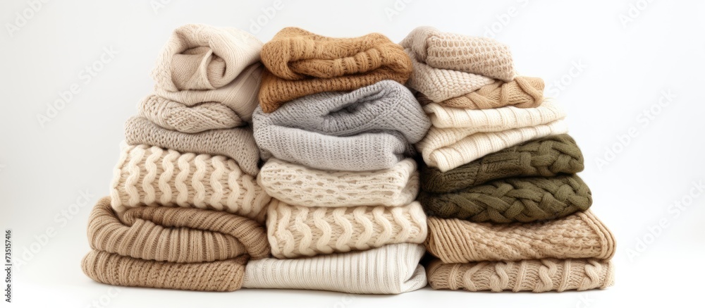 Poster pile of beige woolen clothes on a white background warm knitted sweaters and scarfs are folded in on