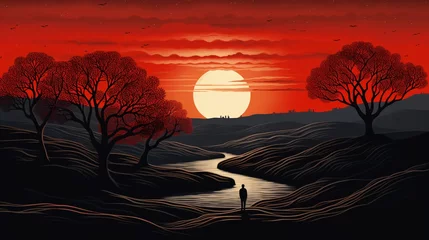 Photo sur Aluminium Rouge 2 a person standing in a river with trees and a sunset