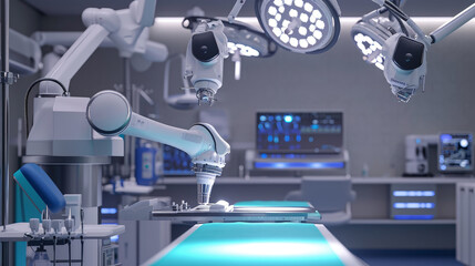 A glimpse into the future of surgery: a high-tech environment equipped with advanced robotic technology, redefining precision in medical procedures.