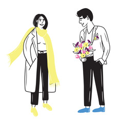 Man is holding and making gift for his girlfriend with bouquet of flowers. Woman in black pants, yellow bright scarf, coat and shoes. Smiling happy couple celebrating Valentine's day, birthday, love.