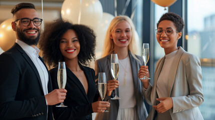 Empresários multiétnicos tilintando taças de champanhe em festa no escritório - obrazy, fototapety, plakaty