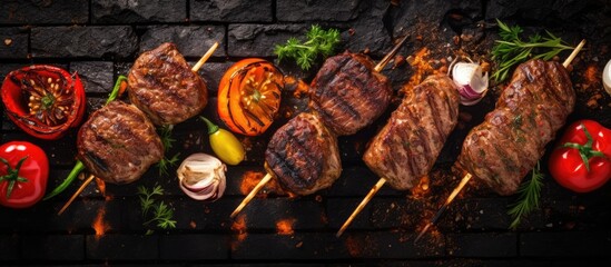 minced meat cutlet burgers on a BBQ grill steel grilled meat burger mix kebab meat Kebab adana chicken lamb and beef banner menu recipe place for text top view. Creative Banner. Copyspace image - obrazy, fototapety, plakaty