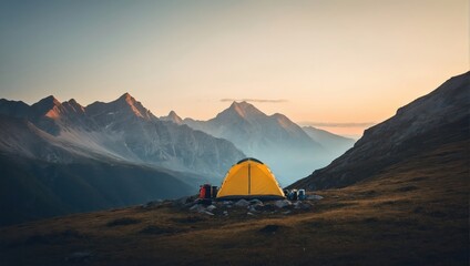 Camping on the top of a mountain at sunset. Trekking in the mountains - obrazy, fototapety, plakaty