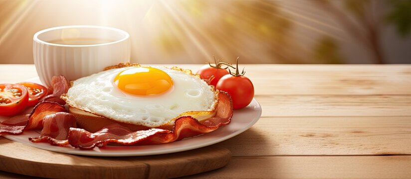 scrambled eggs with bacon and tomato breakfast on a white plate food on a sunny morning fried eggs close up. Creative Banner. Copyspace image