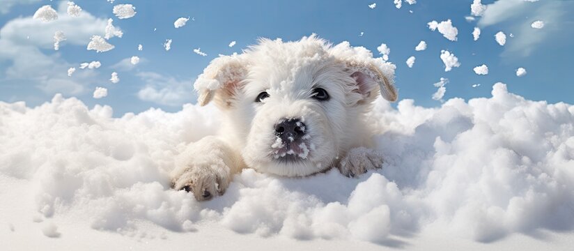 Making a snowman puppy in the middle of winter. Creative Banner. Copyspace image