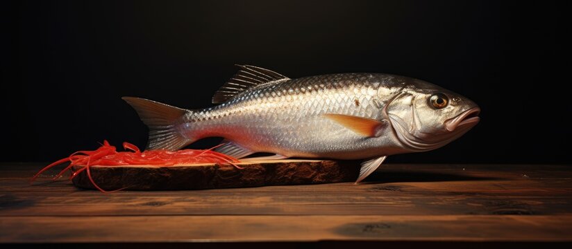 Selective Focus of Fresh Seer Fish King Fish decorated with herbs and vegetables on a Black wooden pad. Creative Banner. Copyspace image