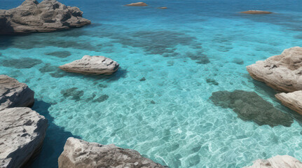 Azure water in the sea and stones, view from above. Horizontal illustration. AI generative.