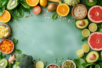 Frame from vegetables and fruits on a pastel green background with empty space for text