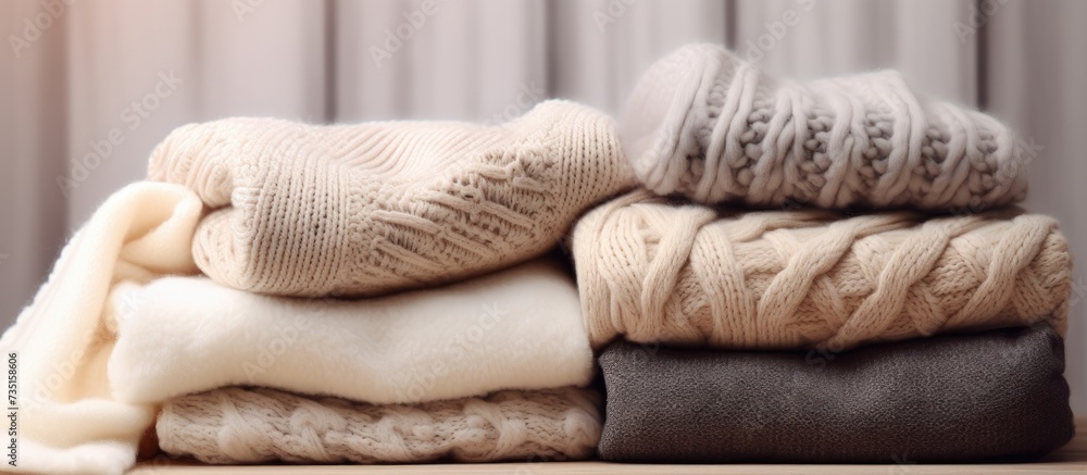 Poster Pile of various woolen knitted blankets sweaters in pastel colors folded on a small round table on neutral background Warm and cozy home mood concept Image with copy space. Creative Banner