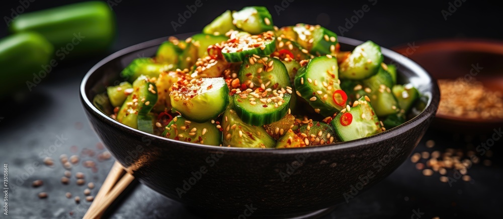 Aufkleber smashed cucumber spicy asian style salad with soy sauce dressing chilli flakes garlic and sesame see