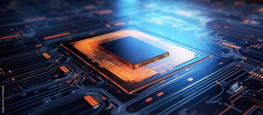 Poster Microchip close up on futuristic technological background Analysis and scanning of the chip Central Computer Processors CPU concept Digital chip Quantum computer large data processing database