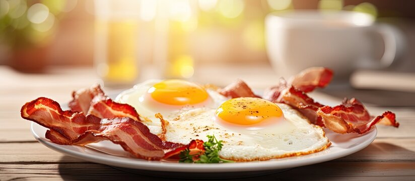 Two fried eggs and bacon for healthy breakfast selective focus. Creative Banner. Copyspace image