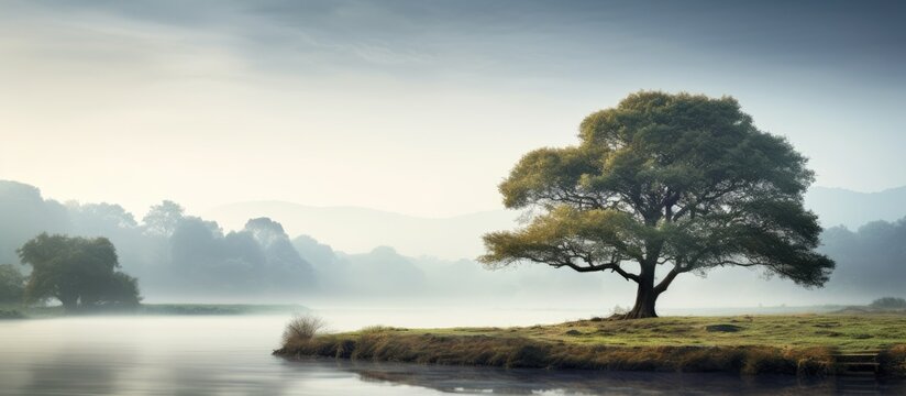 Misty morning Rural landscape Tree on the river bank. Creative Banner. Copyspace image