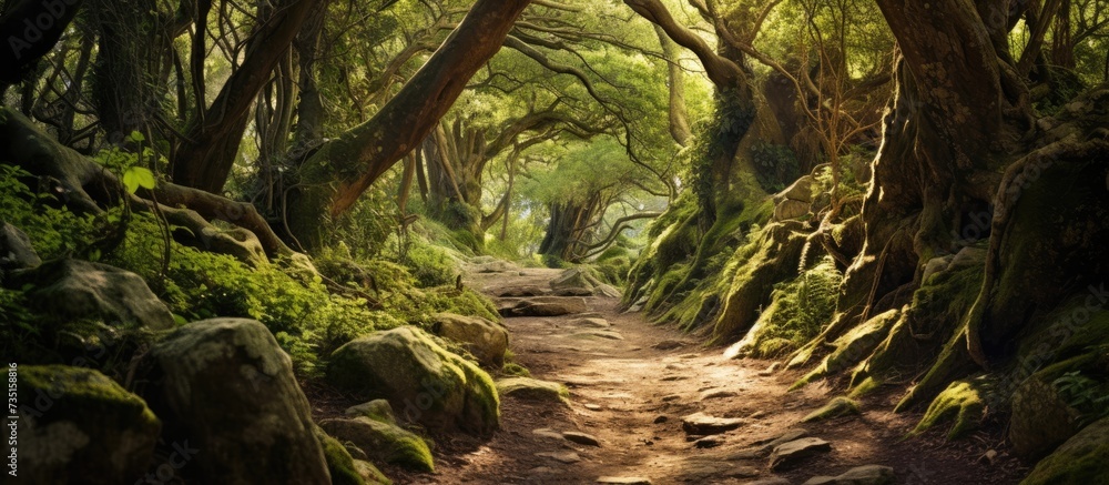 Fototapete Mysterious path full of roots in the middle of wooden coniferous forrest surrounded by green bushes and leaves and ferns found in Corse France. Creative Banner. Copyspace image