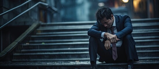 Young business man crying abandoned lost in depression sitting on ground street concrete stairs suffering emotional pain sadness looking sick in grunge lighting. Creative Banner. Copyspace image