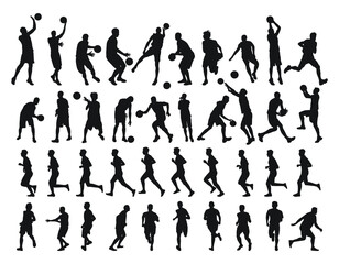 Large collection of male basketball players silhouettes, athletes runners. Basketball, athletics, running, cross, sprinting, jogging - obrazy, fototapety, plakaty