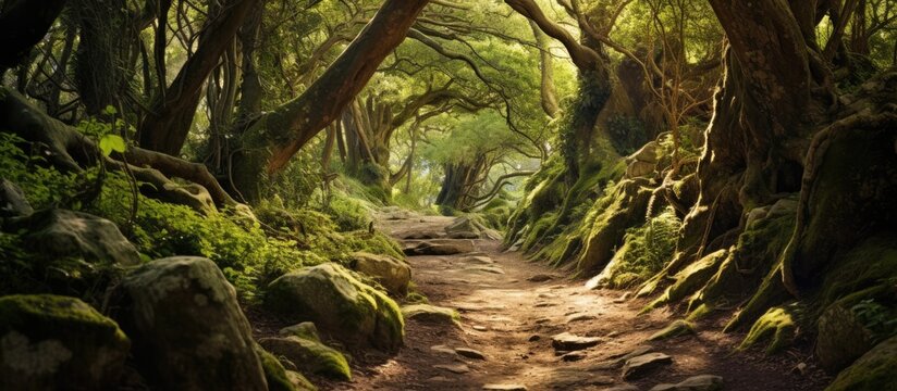 Mysterious path full of roots in the middle of wooden coniferous forrest surrounded by green bushes and leaves and ferns found in Corse France. Creative Banner. Copyspace image