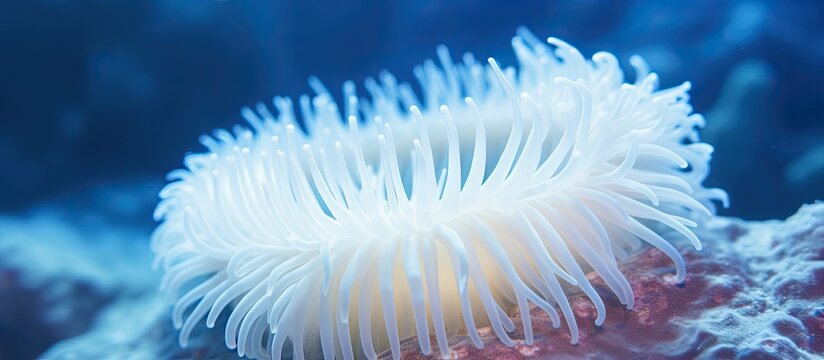 White tiny tube worm in macro scene in marine reef aquaium. Creative Banner. Copyspace image