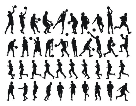 Large collection of male basketball players silhouettes, athletes runners. Basketball, athletics, running, cross, sprinting, jogging