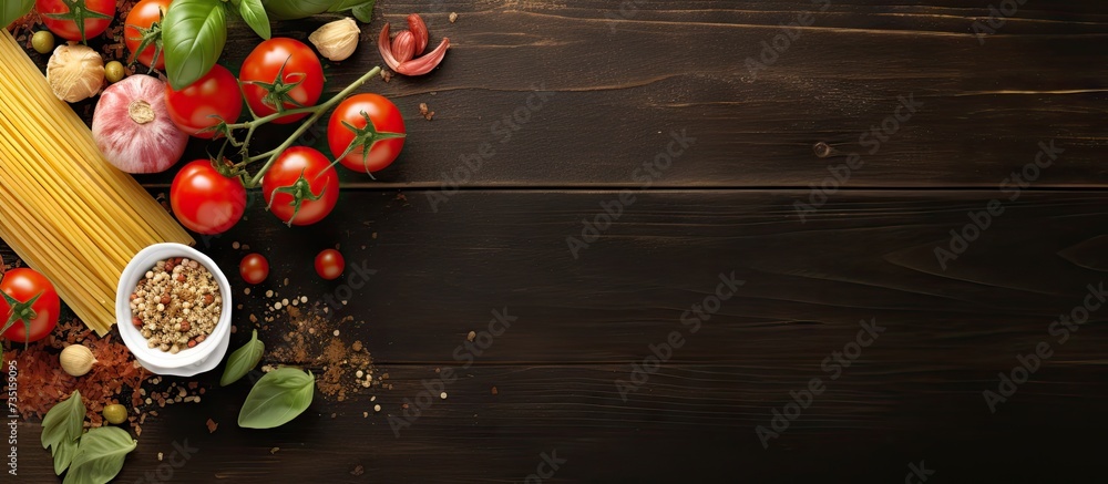 Poster traditional italian pasta with tomato basil and parmesan top view image with a copy space. creative 