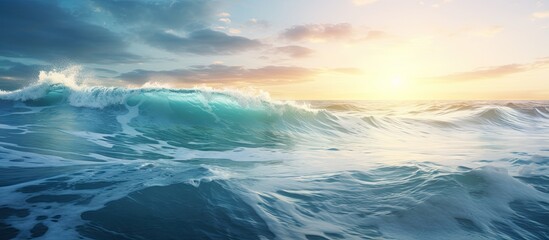 Obraz premium ocaen view seascape landscape Big surfing ocean wave with slightly cloudy sky and the sun. Creative Banner. Copyspace image