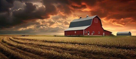 Storm clouds gather over a red barn in a corn field in the midwest. Creative Banner. Copyspace image - obrazy, fototapety, plakaty