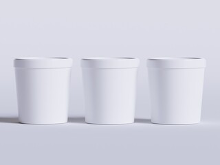 Ice cream buckets. Realistic blank white mockup of ice cream paper food container. 3D render illustration empty for mockup collection