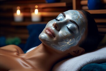 Generative AI image of The beautiful woman lying on a plush massage table, her face adorned with a rejuvenating mask