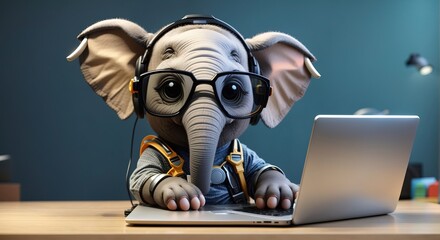 Funny elephant mascot with googles working in front of digital device - obrazy, fototapety, plakaty