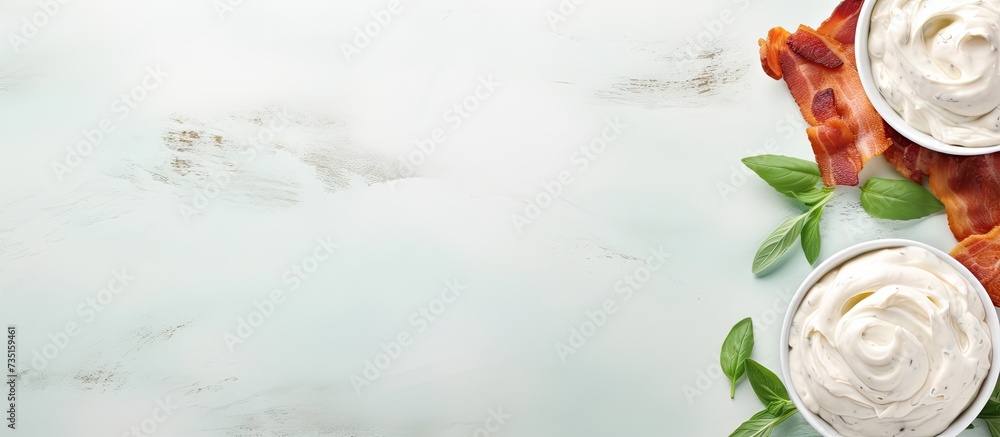 Poster Rolls of fried bacon and mashed potatoes and basil on a plate on the table Top view Web banner. Creative Banner. Copyspace image