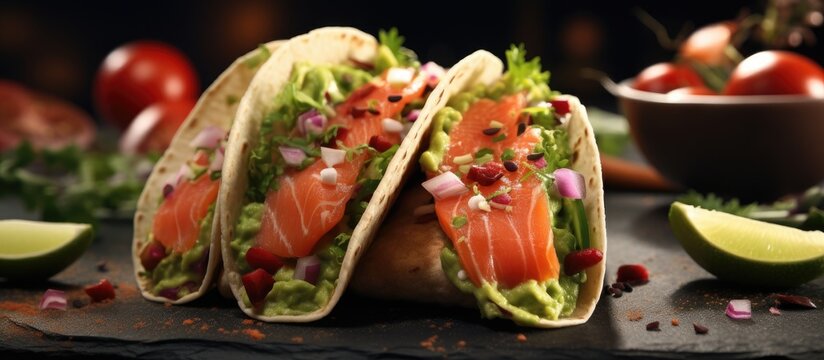 Mexican tacos with raw salmon onion and avocado guacamole on the blue dish fore restaurant menu. Creative Banner. Copyspace image