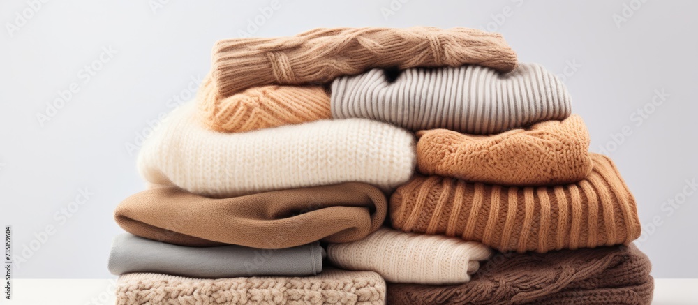 Aufkleber pile of beige woolen clothes on a white background warm knitted sweaters and scarfs are folded in on